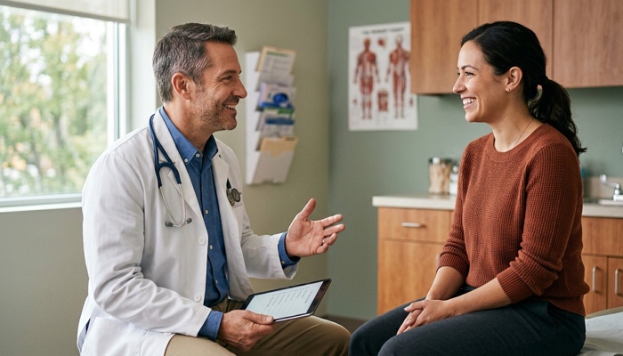 Doctor discussing annual physical results with patient at Pioneer Medical Associates in Fairfax, VA